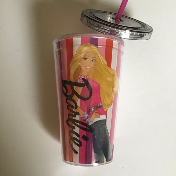 Barbie Mattel Accessories - Barbie Tumbler Pink Dual Graphic Lid & Straw Acrylic Dbl Wall Mattel 2013 Puppy